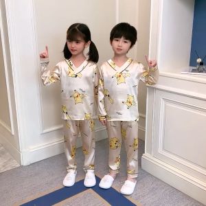 (3-14years) Kids Boy Girl Pyjamas Satin Silk Sleeping Wear Cartoon Printing Sleepwear