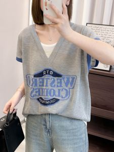 plus Size Ice Silk Knitted Short Sleeve T-Shirt Women Summer 2024 New Style Thin Fake Two-Piece Small Fly Sleeve Shoulder Level Top