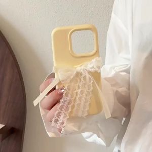 Ốp Lưng Ren Nơ Vàng Dễ Thương Cho iPhone 17 16 15 14 13 12 11 Vỏ Dẻo Chống Sốc Phong Cách Nữ Tính