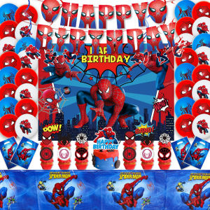 Spiderman Birthday Party Decoration Tablecloth Paper Cups Plates Backdrop Tableware Backdrop Banner Balloons Kid Boy Baby Shower
