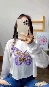 baju tangan panjang wanita oversize Sweater Crop bahan Fleece motif kupu kupu korean style