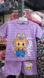 SETELAN ANAK PEREMPUAN KAOS KATUN LABUBU UNGU LENGAN PENDEK USIA BAYI SAMPAI 10 TAHUN