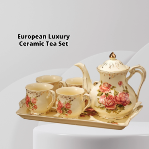 YU Ready Stock European Luxury Ceramics Tea Set with Teapot Tray and Spoon English Tea with Pot and Tray Wedding Tea Set