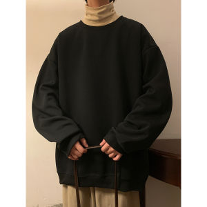 เสื้อฮู้ดคอกลมแขนยาวสีแดงเข้มทรงหลวมสำหรับผู้ชาย เสื้อเชิ้ตสไตล์อเมริกันฤดูใบไม้ผลิและฤดูใบไม้ร่วง