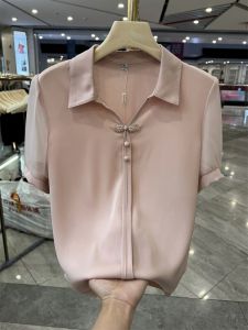 เสื้อเชิ้ตผ้าชีฟองแขนสั้นสไตล์เกาหลีสำหรับคุณแม่สาวๆ ฤดูร้อนปี 2024 เสื้อเชิ้ตผู้หญิงทรงหลวมสบายๆ คอกลม