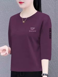Pure Cotton Ladies T-Shirt Korean Style Loose Slimming Seven-Quarter Sleeve round Neck Casual Top Trendy Summer New Arrival
