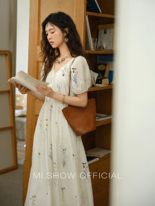 MI.SHOW | Đầm Thêu Tay Ngắn Thoáng Khí Elegante Phong Cách Pháp Retro