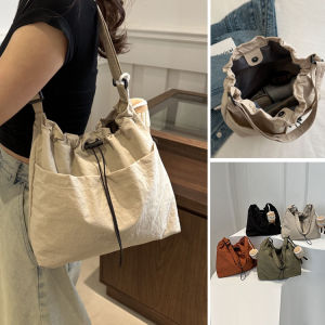 Large capacity drawstring bucket bag with 2 big pockets waterproof pleated washed cloth sling bag shoulder bag cross body bag