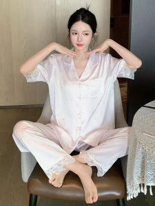 Bộ Đồ Ngủ Tay Ngắn Vải Lụa Băng Mùa Hè Cho Nữ Gợi Cảm Quần Dài Mỏng Thoáng Khí Thoải Mái Mặc Ở Nhà Mặc Đi Ngủ