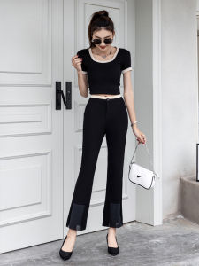 High Waist Black Ice Silk Pleated Nine-Five Pants Womens Summer 2024 New Style Asymmetrical Korean Version Casual Trousers
