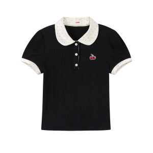 Polka Dot Collared Short Sleeve Womens Polo Shirt