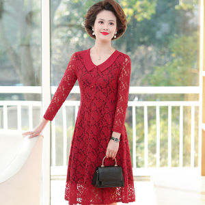 Elegant Mid-Length Long Sleeve Lace Dress Spring Autumn Thin Base Layer Mommy Dresses for Women Aged 40-49 Slim Fit Gown