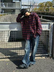 Red Plaid Long Sleeve Shirt Mens Autumn 2024 American Retro High Street Trendy Outerwear Polyester Fiber Spring Regular Thickness