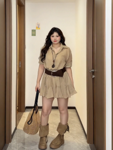 Slimming A-Line Shirt Dress Polo Collar Design Korean Style Womens Summer Fashionable Waist-Cinching plus Size Dress