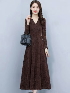 Elegant Long Sleeve Lace Base Dress Womens Autumn New Style Mom High End Luxury Large Brand Long Dress Korean Style V Neck High Waist