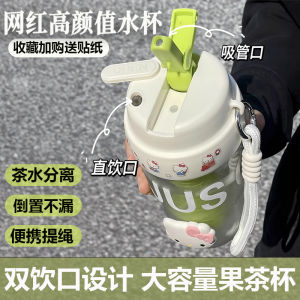 Summer Trendy Double Drink Straw Water Cup Portable Anti-Fall Tea Brewing Cup for Girls Student Exclusive Beverage Holder