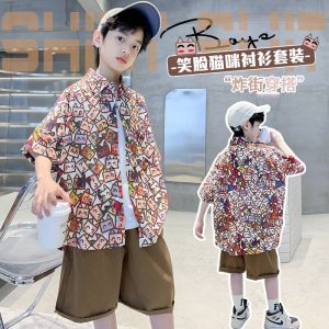 Boys Summer Outfit Set Stylish Handsome Floral Shirt Short Sleeve Childrens Clothing Trendy Korean Style Two-Piece Ensemble