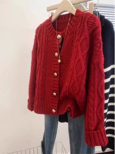 Thickened Short Loose round Neck Sweater Cardigan Womens Autumn Winter Fashion Warm Knitwear Red Color Korean Style Casual Wear