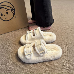 Korean Style Womens Slippers Outdoor Wear Cotton Strap Buckle Winter Boots Spring Summer Fluffy Slippers Velvet Surface