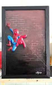 Spider-Man wall art framed painting 3D textured brick background action pose