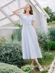 XIANGYING | Đầm Tay Ngắn Cổ Vuông Có Chi Tiết Hạt Đính Màu Xanh