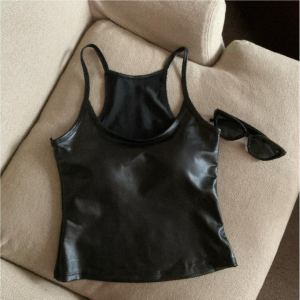 American High Street Spicy PU Leather Strap Vest Womens Sleeveless Slim Fit Top with Chest Pad Outdoor Wear Short Style