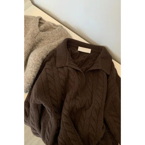 High-End Mermaid Knitted Sweater with Collar Deep Brown Simple Twist Design for Young Professional Women Spring Summer Fashion