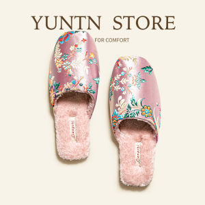 MONLEYTA | Embroidered Cotton Slippers Womens Indoor Luxury Silk Head Wrap Anti-Slip Tendon Bottom Home Comfort Warmth Footwear