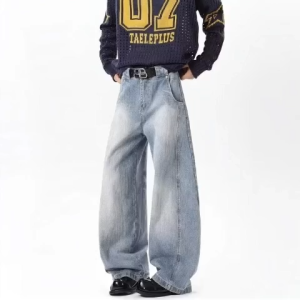 American retro street style loose blue jeans for mens casual long pants