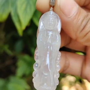 High Quality Icy Translucent Natural Type A Jadeite Jade crafted as Standing Guanyin S925 clasp added as Pendant certificate weighs 7.79 grams measurement 45.7 * 14.8 * 6.3 mm (pendant269)
