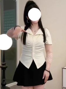 plus Size Slim Fit T-Shirt V-Neck Short Sleeve Pleated Design Korean Style Summer New Arrival for plus Size Women