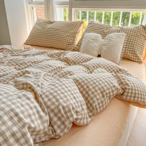 Washed Cotton Plaid Duvet Cover Single Piece 150x200x230 Student Dormitory Single Double Three Four Piece Set Ins Style Bedding