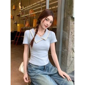 WANGGONGZHU | Slim Fit Short Sleeve T-Shirt Women Summer New Style Waist Cinching Shoulder Design Short Length Turn-down Collar Top Ladies