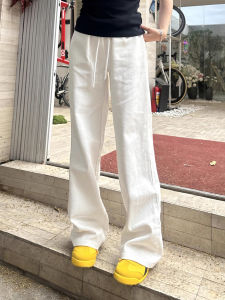 White Linen Imitation Mens Summer Lightweight Straight Leg Trousers High Waist Slim Fit