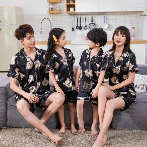 High-End Ice Silk Short Sleeve Sleepwear Set for Parents And Children Home Clothes Family Matching Summer Outfit for Three Generations