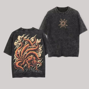 Bandai | Kurama T Shirt Kyuubi Naruto Vintage Acid Wash Streetwear Vintage Nine Tailed Fox Retro Anime Graphic Men Tees Cotton Top