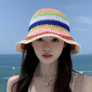 Summer Breathable Rainbow Straw Woven Fishing Cap Womens Bucket Hat Sun Protection Face Slimming Korean Style Grass Hat