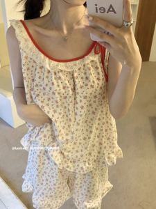 ชุดนอนผู้หญิงแขนกุดลายดอกไม้สไตล์เกาหลี ชุดนอนฤดูร้อน 2024 ใหม่ น่ารัก หวาน ชุดกางเกงขาสั้น ชุดนอนสองชิ้น ชุดอยู่บ้าน