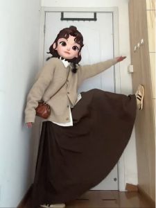 กระโปรงทรงเอเอวสูงสีน้ำตาล ทรงหลวม ยาวถึงข้อเท้า กระโปรงทรงเอเอวสูงสไตล์ฮาราจูกุสำหรับผู้หญิงไซส์ใหญ่