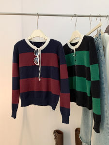 AMILUCK | Color Block Knitwear Womens Long Sleeve Round Neck Pullover Soft Comfortable Cotton Vintage Style Fashionable Versatile Top