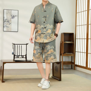 Kawadu | Summer Lightweight Retro Ice Silk Short Sleeve T-shirt Mens New Chinese-style Hanfu Set