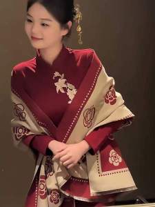 Red Embroidered Chrysanthemum Cheongsam Dress with Shawl Festive New Year Outfit Long Sleeve Other Material 100% Winter 2024