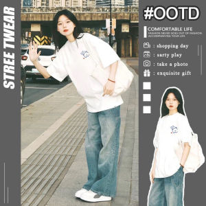 White Short Sleeve T-Shirt Womens Shoulder Design Summer Couples Loose Fit Cotton round Neck Cartoon Print Street Style