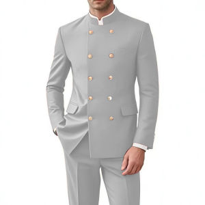 Wedding Suits for Men Stand Collar Double Breasted Jacket Pants Set 2PCS Groom Tuxedos Male Busienss Suit Dinner Party Outfits