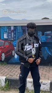 Jaket Varsity Baseball Bordir Pria Wanita Newyork Black Casual Vintage - Akar Official Shop