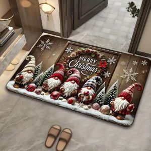 VIKAMA Christmas Door Mat Gnome Tomte Santa Hat Snowflakes Wood Farmhouse Front Welcome Mat Indoor Happy New Year Home Decor