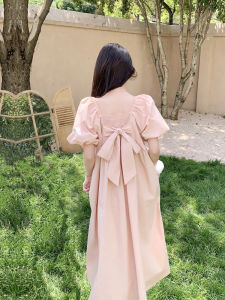 Pink Sweet Backless Butterfly Knot Dandelion Skirt Womens Summer New Small Size French Bubble Sleeve Dress Commute Style