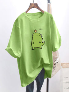 Avocado Green Loose Fit Mid-Length Short-Sleeve Womens T-Shirt Korean Style Half Sleeve White Top Trendy plus Size Slimming