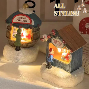 LED Christmas Glowing Village Ornaments Microlandscape Resin Figurines Decoration Santa Claus Microlandscape Cabin Kid Gifts