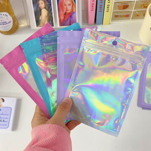 【Free Shipping】10Pcs Laser Flat Transparent Lock Food Storage Bag Holographic Aluminum Foil Bag Plastic Packaging